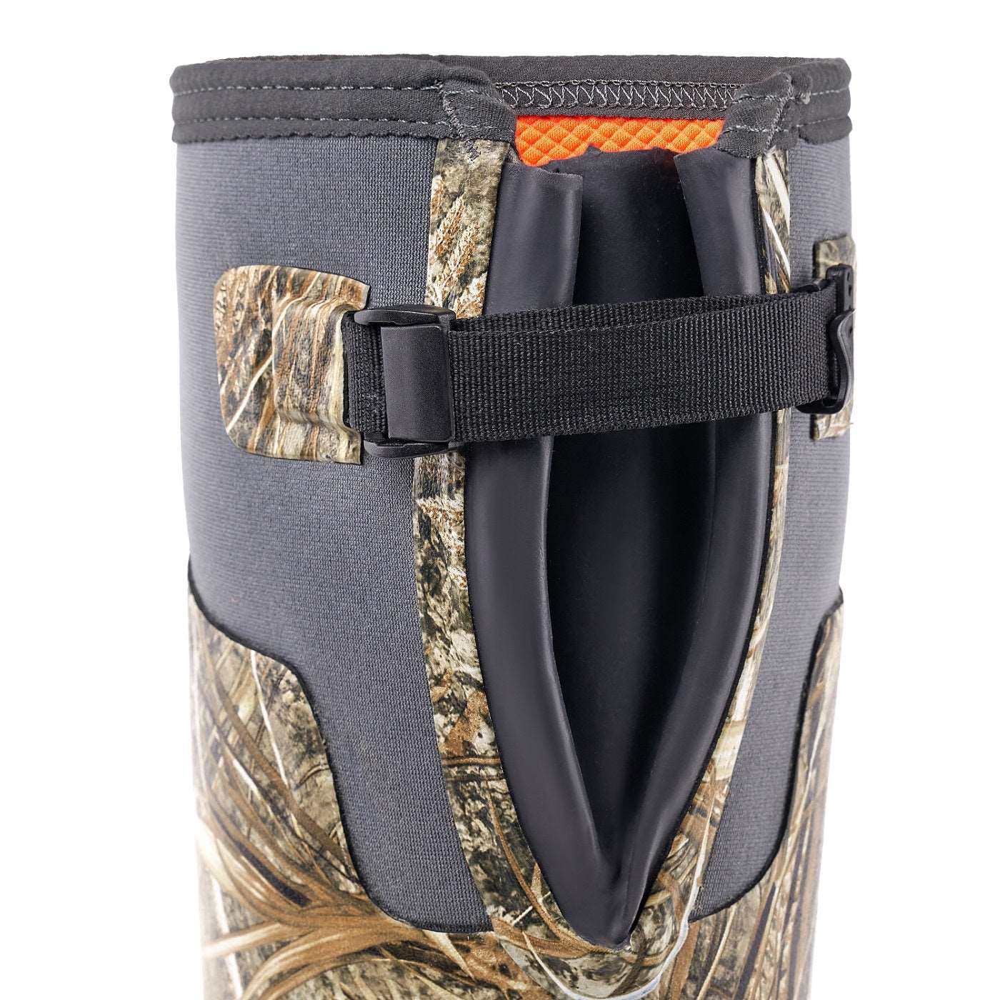 Rear view of Trudave StreamTrek Series men’s tall waterproof hunting boots – Real Reed camo design showing adjustable stretch collar for secure fit and waterproof protection in duck hunting